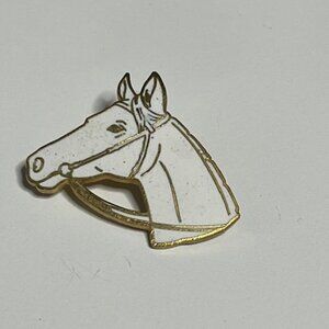 VTG White Enamel Horse Head Design Brooch Lapel Hat Pin 1.5"x1.25" Art Deco